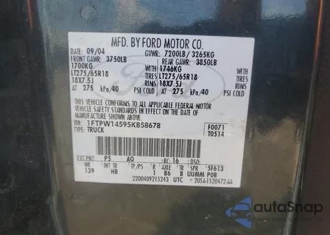 2005 Ford F150 Supercrew z USA, uszkodzony, nr VIN 1FTPW14595KB58678